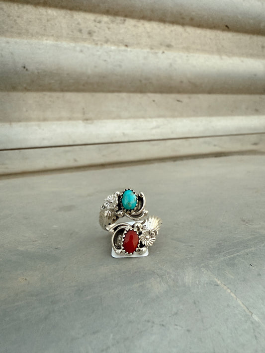 Turquoise & Coral Adjustable Ring